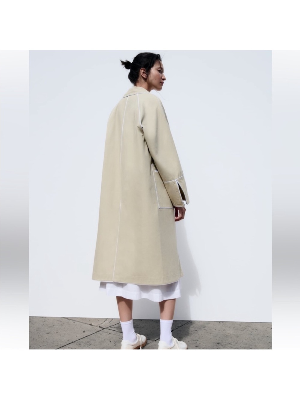 Zara Oversized Contrast Trench Coat Beige Piping Special Edition Sz XS Fits M/L - Picture 5 of 16